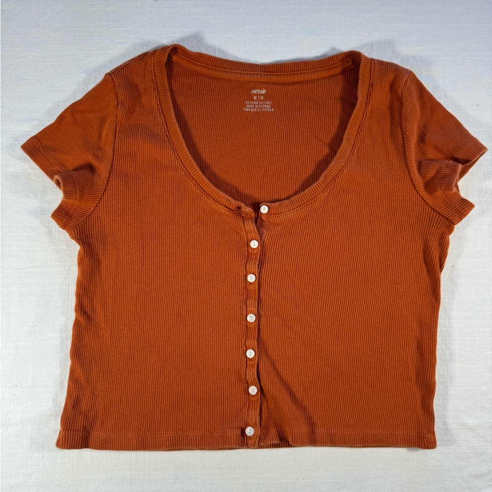 Aerie Orange Ribbed Button-Down Top